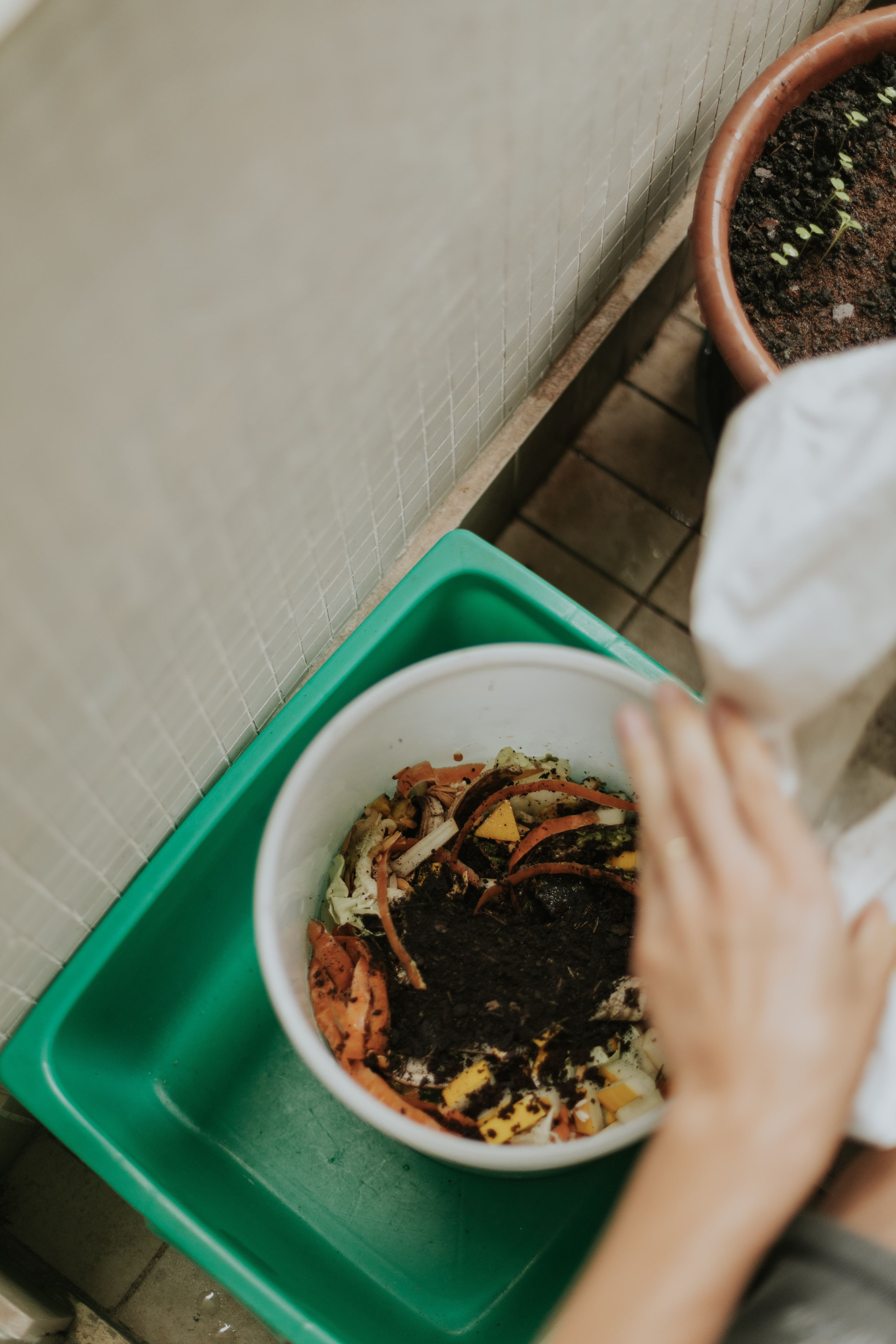 Kitchen scraps and soil in a home compost bin