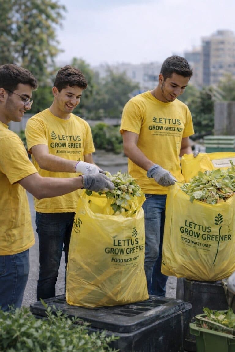 Lettus Grow Greener volunteers filling yellow food-waste bags with organic scraps