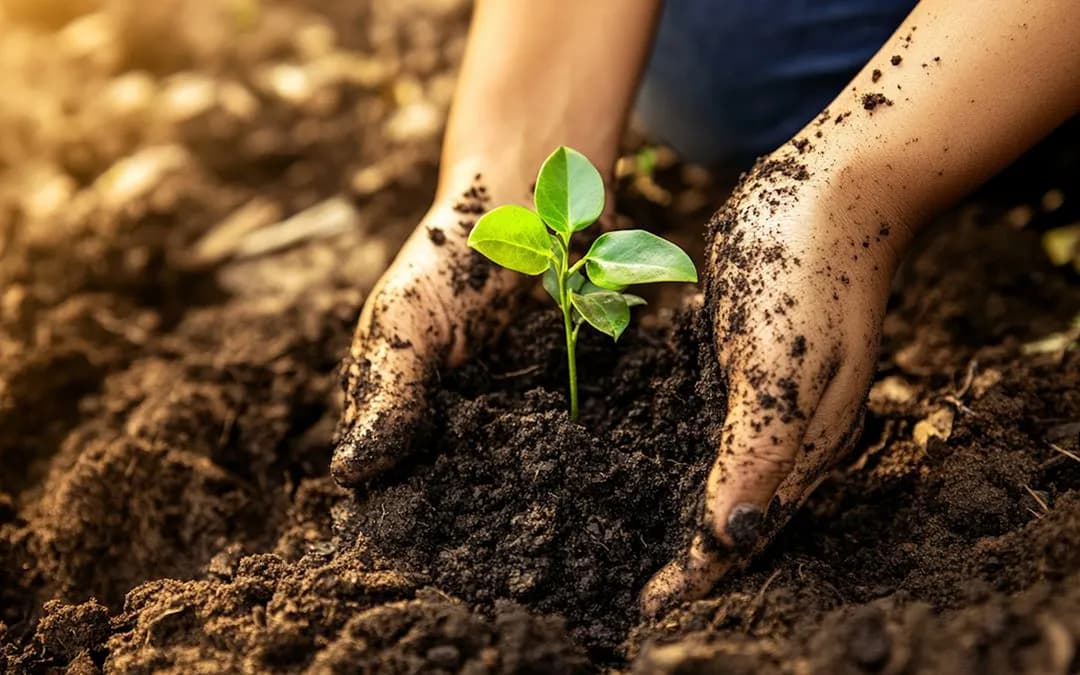 Hands planting a seedling in rich soil