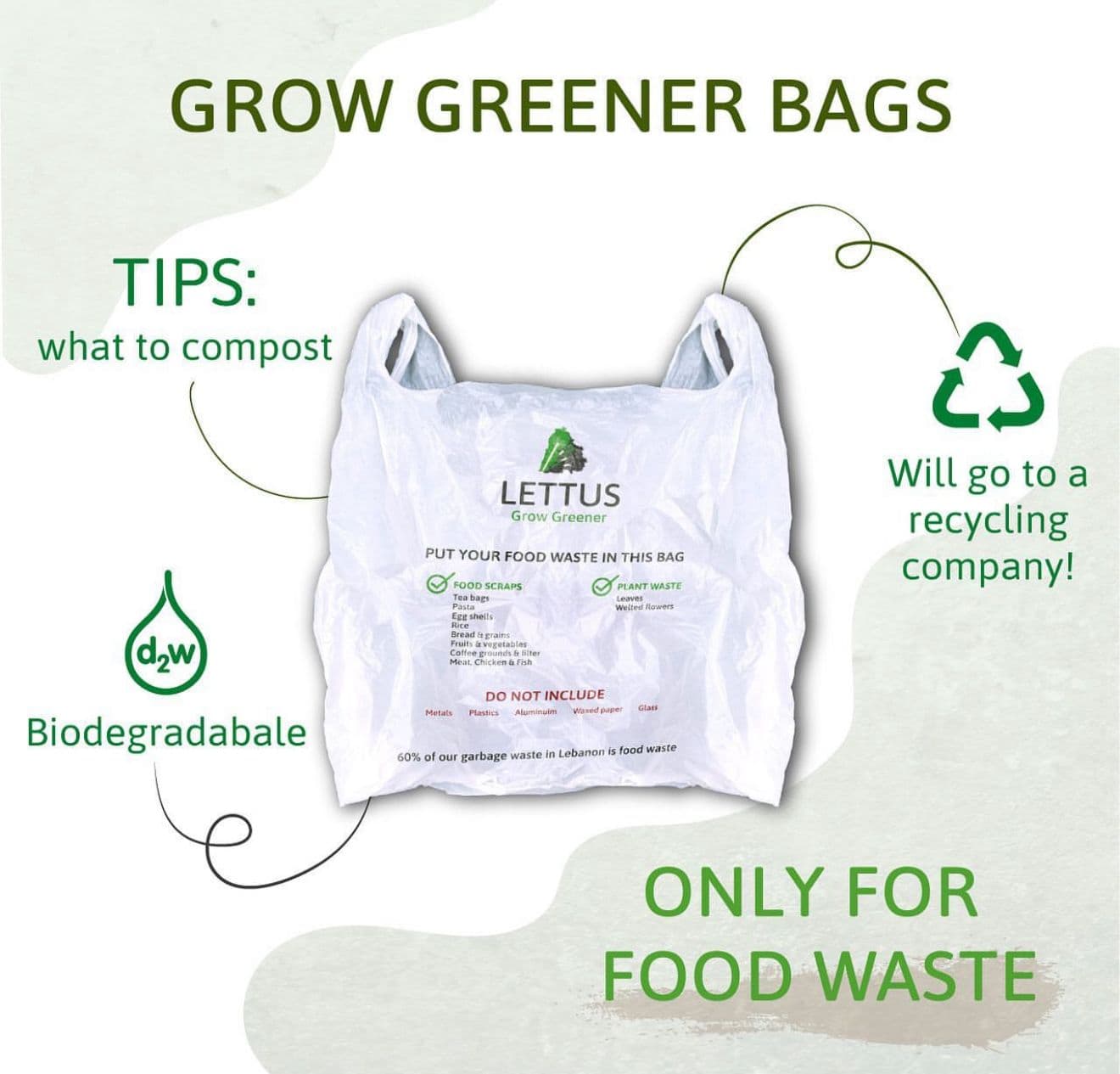 Grow Greener bag guide: food scraps and plant waste go in the bag; metals, plastics, aluminium, waxed paper, and glass stay out